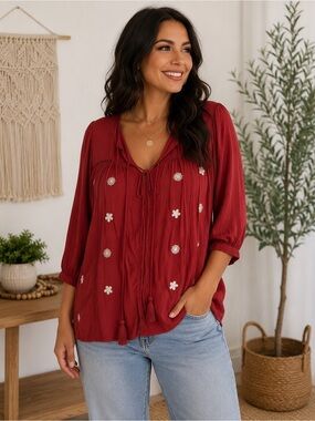 300. Doe & Rae Embroidered Peasant Blouse Boho Cottagecore Tassel Tie Floral Top